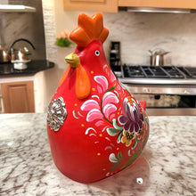 Load image into Gallery viewer, Ceramic Hand Painted Andean Hen with Sterling Silver Rosette-Red