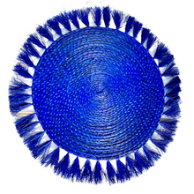 Load image into Gallery viewer, Handmade Fringe Iraca Placemats - Eco-Friendly 17" Diameter Natural Fiber Table Decor, Blue