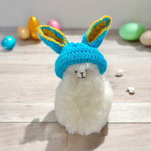 Load image into Gallery viewer, Mini white llama with blue ears bunny hat