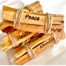 Load image into Gallery viewer, Affirmation Palo Santo Sticks: Love, Peace, Abundance, & Health | Ethically Sourced Aromatic Wood | Elevate Your Spirit