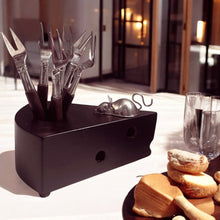 Load image into Gallery viewer, Cheese Charm: Hand-Carved Wooden Slice with Sterling Silver Mouse and Fork Set