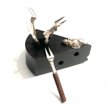 Load image into Gallery viewer, Cheese Charm: Hand-Carved Wooden Slice with Sterling Silver Mouse and Fork Set