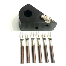 Load image into Gallery viewer, Cheese Charm: Hand-Carved Wooden Slice with Sterling Silver Mouse and Fork Set