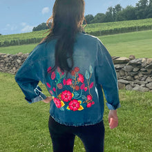 Load image into Gallery viewer, Distressed Denim Jacket Floral Embroidered Detail - Blue