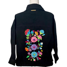 Load image into Gallery viewer, Distressed Denim Jacket Floral Embroidered Detail-Black