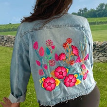 Load image into Gallery viewer, Distressed Denim Jacket Floral Embroidered Detail - Light Blue