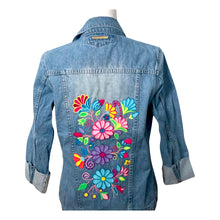 Load image into Gallery viewer, Distressed Denim Jacket Floral Embroidered Detail-Blue primaveral