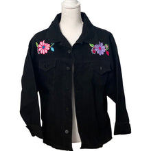 Load image into Gallery viewer, Distressed Denim Jacket Floral Embroidered Detail-Black