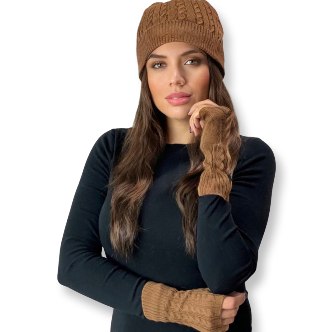 Premium Alpaca Beanie Hat and Fingerless Gloves Set