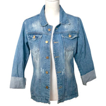 Load image into Gallery viewer, Distressed Denim Jacket Floral Embroidered Detail-Blue primaveral
