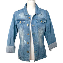 Load image into Gallery viewer, Distressed Denim Jacket Floral Embroidered Detail-Blue primaveral