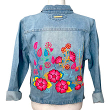 Load image into Gallery viewer, Distressed Denim Jacket Floral Embroidered Detail - Light Blue