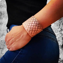 Load image into Gallery viewer, Unique Handmade Fish Leather Cuff Bracelet | Sustainable Mahi Mahi, Sea Bass, & Paiche Options