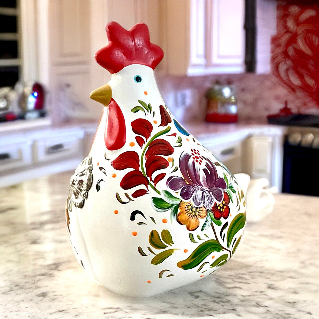 Ceramic Hand Painted Andean Hen with Sterling Silver Rosette-White
