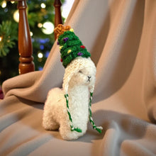Load image into Gallery viewer, Mini Alpaca Stuffed Animal with Christmas Tree Chullo Hat Handmade in Peru
