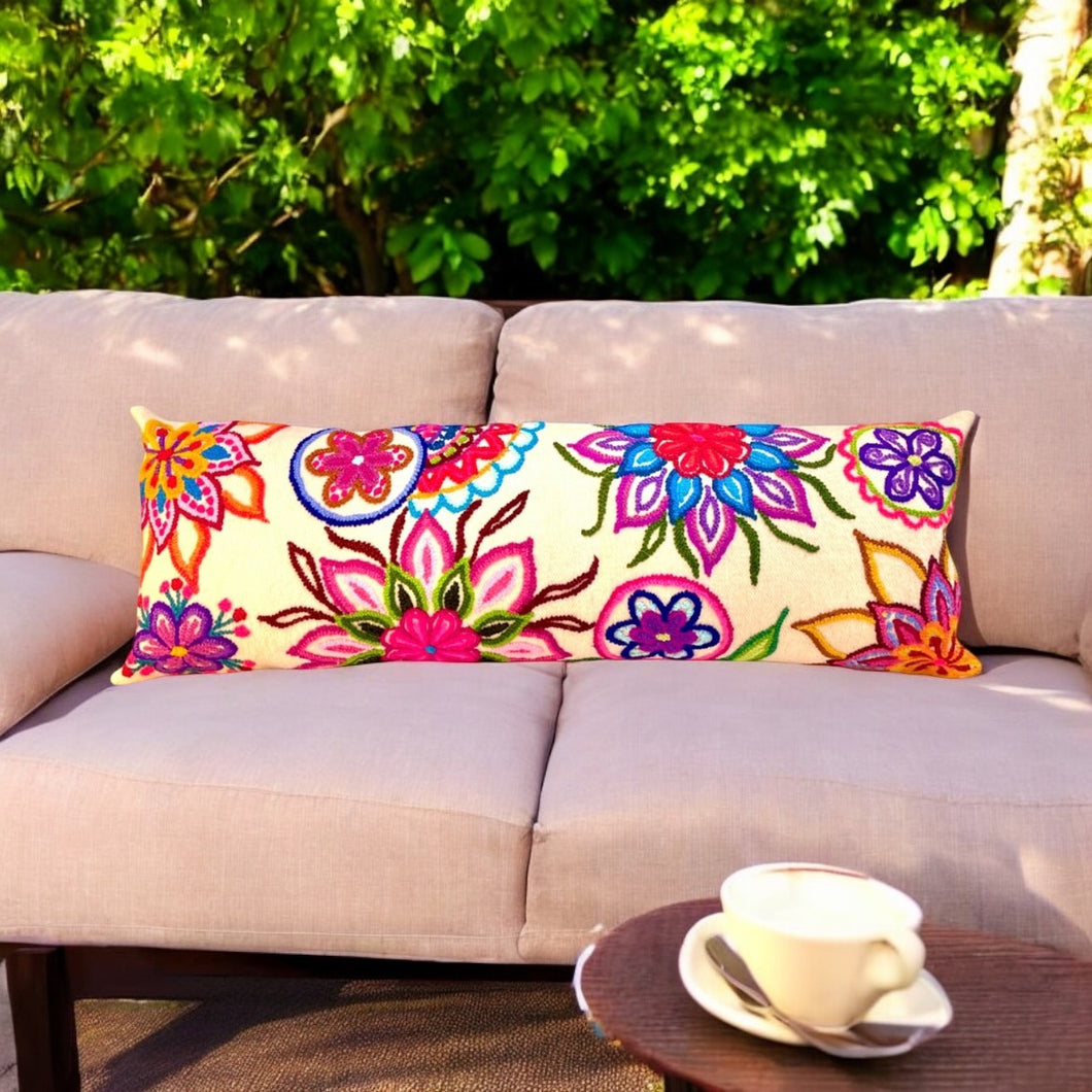 Hand Embroidered Lumbar Accent Pillow - Unique Artisan Craft