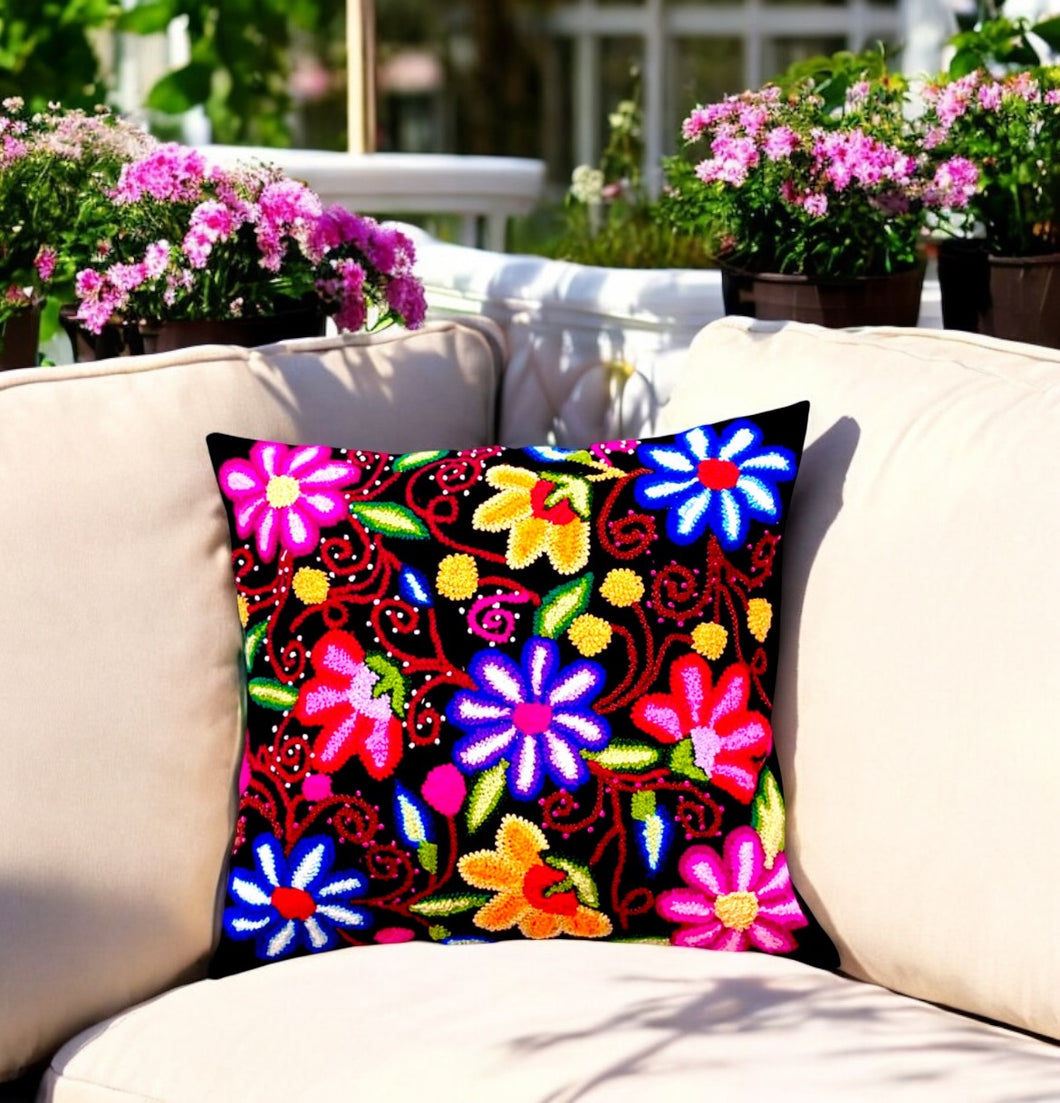 Hand Embroidered Accent Pillow- Unique Floral Design