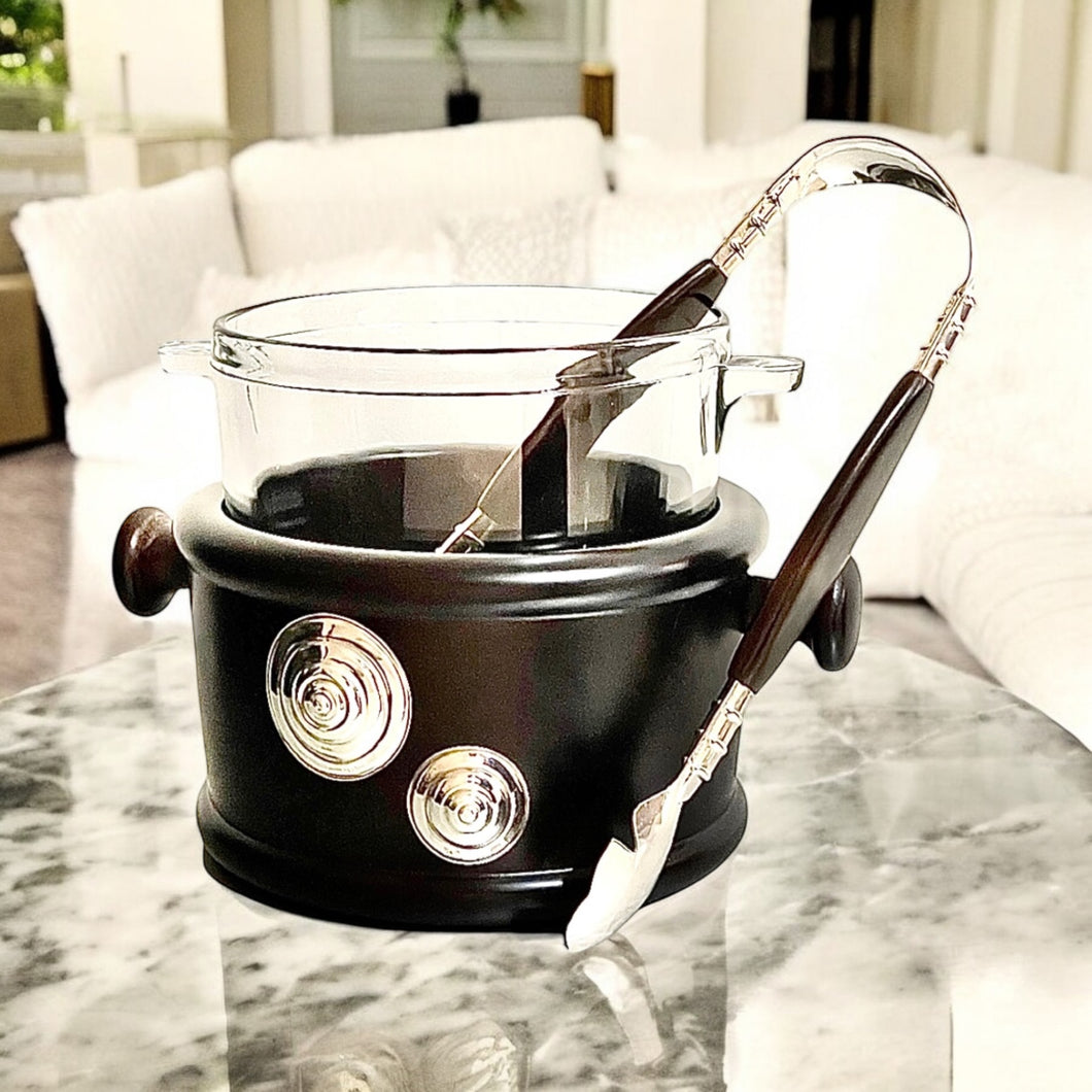 Pre-Order Exquisite Art Deco Ice Bucket
- Handblown Glass with Mahogany Wood Stand and Sterling Silver Accents