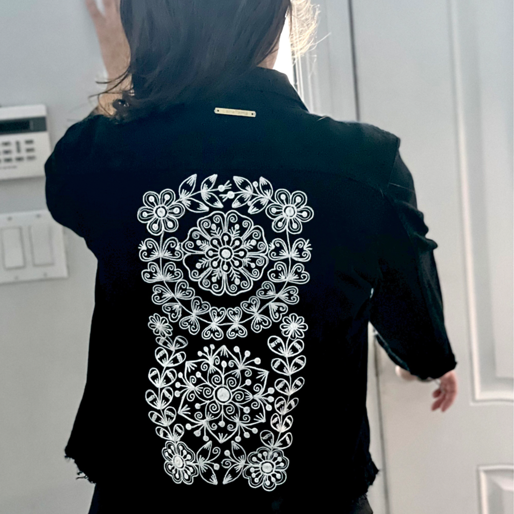 Distressed Denim Jacket Floral Embroidered Detail - Black