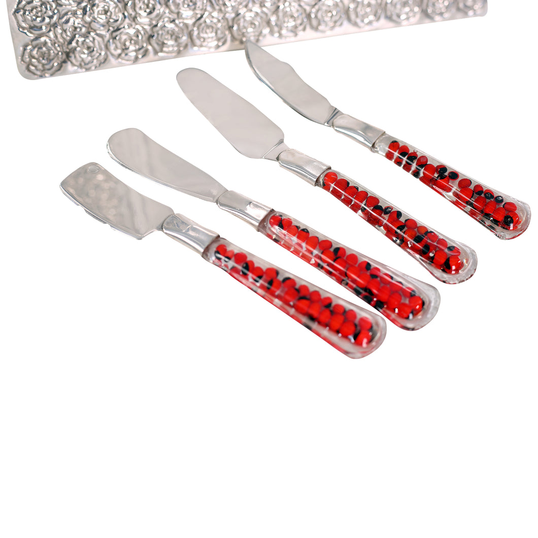 Handmade Luxury Slicer Cutter Silver Plated with Peruvian Huayruro Seed Beads Set of 4