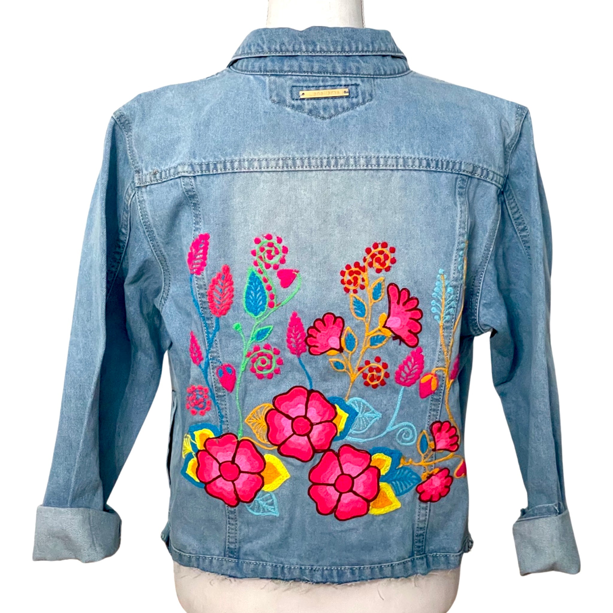 Distressed Denim Jacket Floral Embroidered Detail - Light Blue